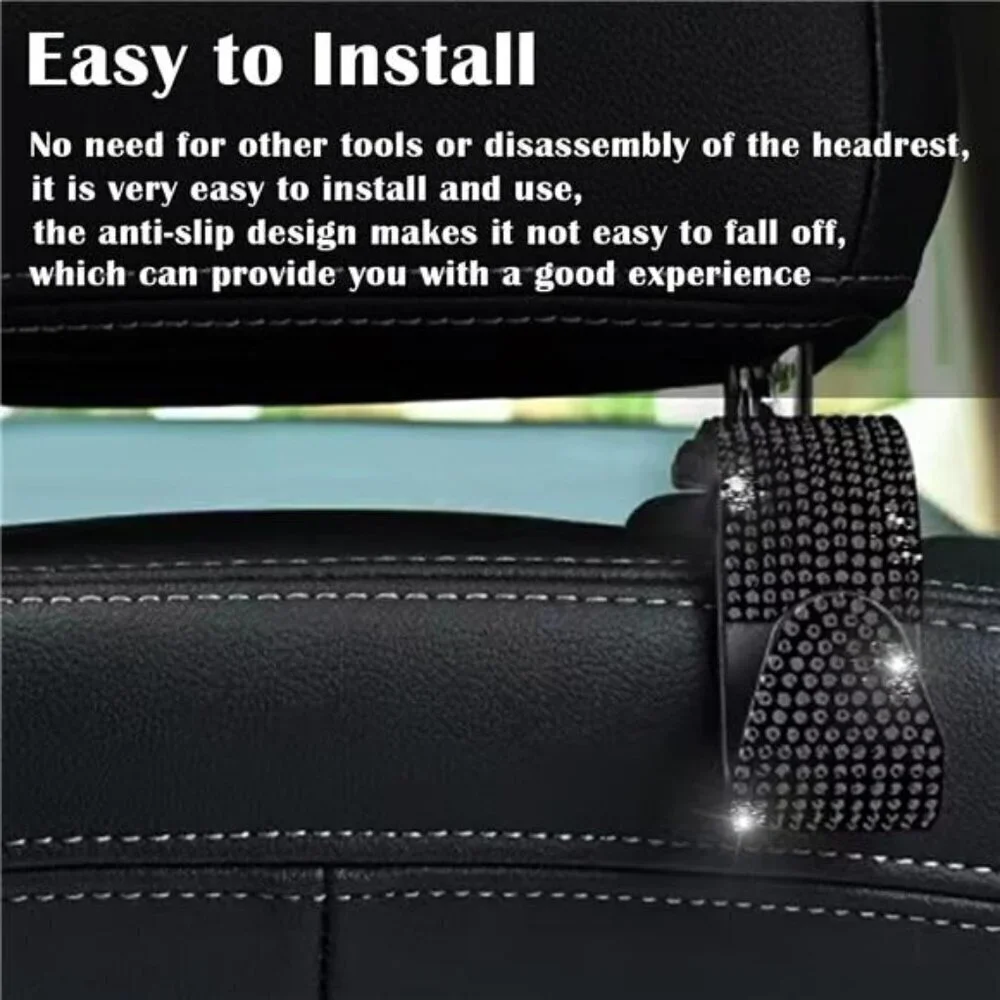 Bling Car Seat Hooks Black (2 Pack) Bling Rhinestones Crystal Hanger Organizer